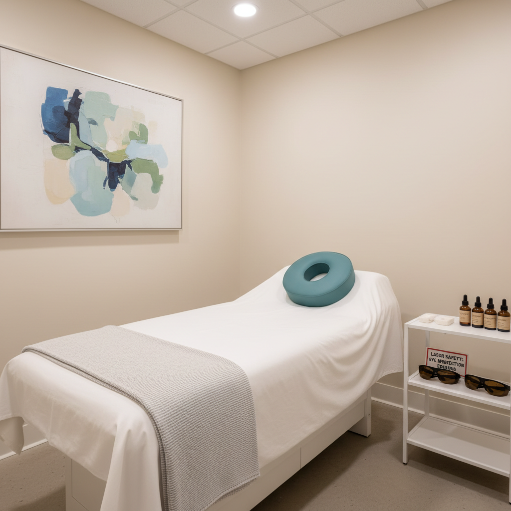 A photographic realism depiction of a calm treatment bay dedicated to non-invasive laser skin rejuvenation, showcasing a fully prepared treatment bed with impeccably smooth white sheets, a teal memory-foam headrest, and a neatly folded, light-gray blanket at the foot. Beside the bed, a minimalist white side cart holds a laser safety sign, a pair of neatly aligned protective goggles, and small amber glass bottles labeled for post-laser care. The walls are a soft, warm white with a single abstract art piece in muted blues and greens. Diffused LED panel lighting creates soft, even brightness without harsh shadows. Captured at a three-quarter angle, the image has moderate depth of field, keeping all functional elements crisp while the background subtly softens, projecting a serene, reassuringly clinical mood.