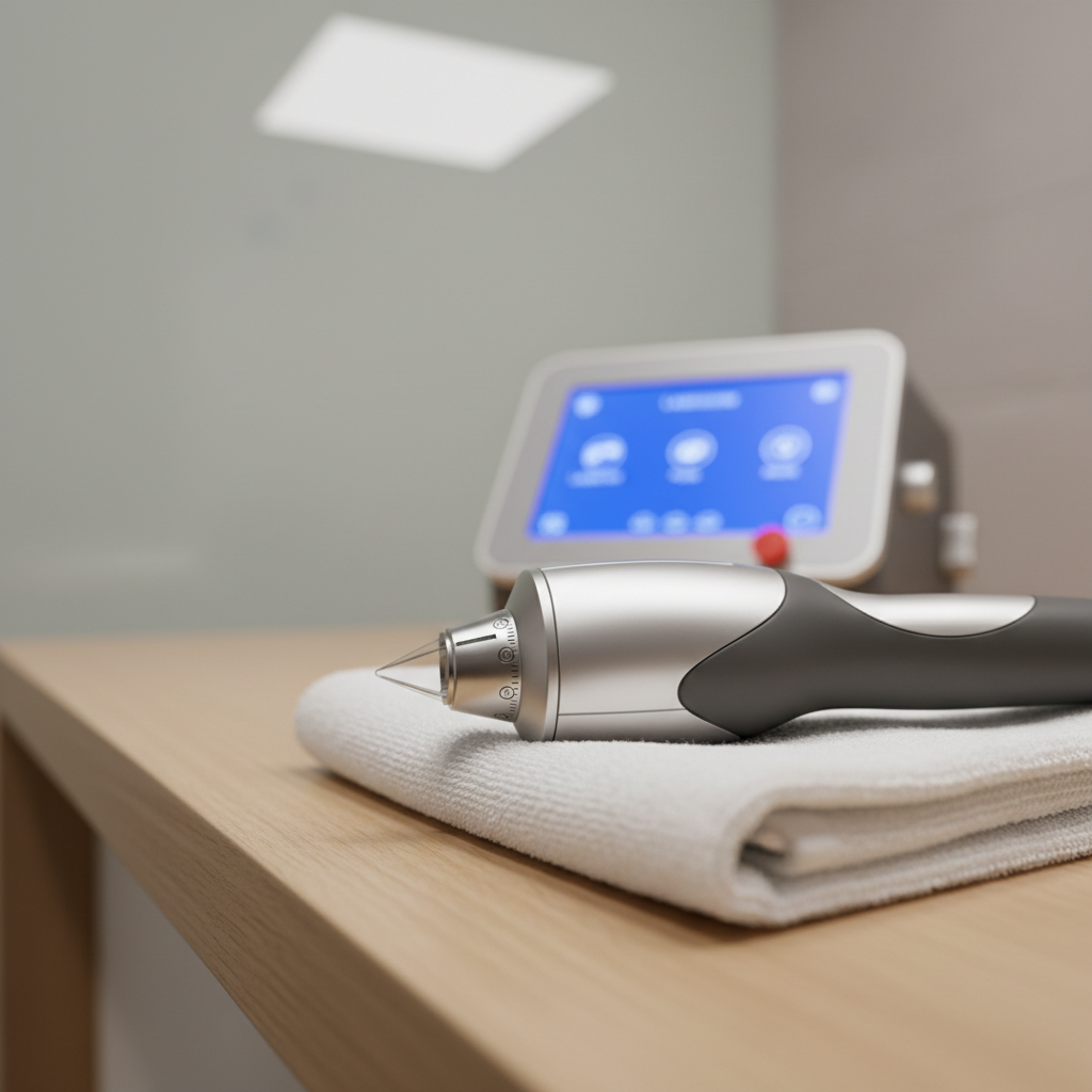 A close-up, photographic realism view of a dermatology laser handpiece resting on a folded, snow-white treatment towel atop a smooth, light-wood counter. The handpiece has a brushed aluminum body, a soft-touch silicone grip, and a precisely machined treatment tip with subtle engraved markings. Behind it, out of focus, a compact laser console displays a calm blue interface with minimal, clearly labeled icons. Soft, diffused clinic lighting from a frosted ceiling panel casts gentle highlights along the curves of the device and creates a clean, clinical atmosphere. The composition uses a shallow depth of field and rule-of-thirds framing, emphasizing advanced technology, precision, and safety in a calm, professional environment.