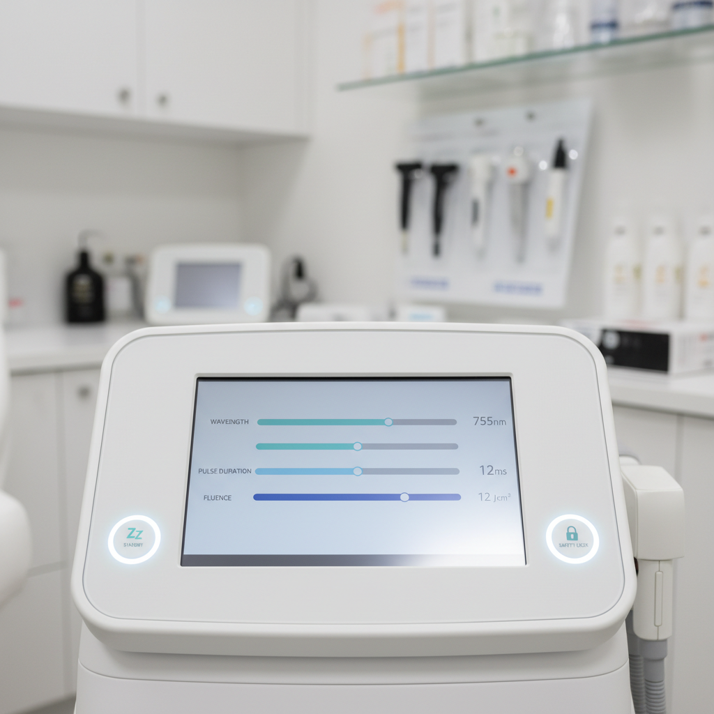 A close, photographic realism macro-style view of a dermatology laser control interface, displaying a clean, modern touchscreen set into a matte white console. The screen shows precisely arranged controls for wavelength, pulse duration, and fluence, with color-coded sliders in soft blues and teals against a neutral background. Around the screen, minimal physical buttons with subtle backlighting and engraved icons indicate standby and safety lock functions. Soft, overhead clinical lighting combines with a faint glow from the screen, creating delicate reflections on the console’s smooth edges. The background falls into a muted blur of white cabinetry and neatly stored applicators. Captured straight-on with shallow depth of field, the scene conveys precision, safety, and high-end technology in a calm, professional dermatology and eye-care setting.