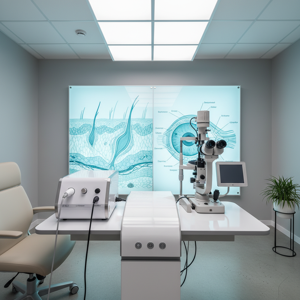 A high-detail, photographic realism image of an integrated laser and eye diagnostics corner, featuring a compact excimer or diode laser unit on one side and a modern slit lamp biomicroscope on the other, both mounted on a shared, glossy white-height-adjustable table. Between them, cable management channels keep cords perfectly organized. The background wall displays a backlit, translucent panel illustrating skin layers transitioning into ocular anatomy, subtly glowing in cool blue and teal tones. Overhead, bright but diffused LED task lighting renders every surface clearly, with faint reflections on metal components and anti-glare finishes on optical surfaces. Shot at eye level with wide-angle composition, the space appears efficient yet welcoming, emphasizing the concept of advanced dermatology, laser therapies, and comprehensive eye care seamlessly integrated under one roof.
