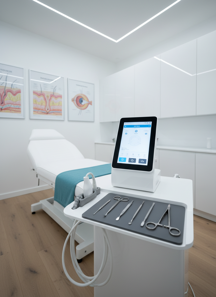 A pristine, state-of-the-art dermatology and laser treatment room in photographic realism, featuring a sleek white laser workstation with a slim touchscreen panel, coiled fiber-optic handpiece resting on a soft gray silicone cradle, and neatly arranged stainless-steel instruments on a matte tray. The unit sits beside an adjustable treatment bed with crisp white linens and a subtle teal accent blanket. Cool, even overhead LED lighting creates a clean, shadow-free environment, gently reflecting off glossy white cabinetry and a pale wood floor. In the background, a softly blurred wall displays framed clinical diagrams of skin layers and the eye. Shot at eye level with sharp focus throughout, the composition feels professional, hygienic, and reassuringly modern.