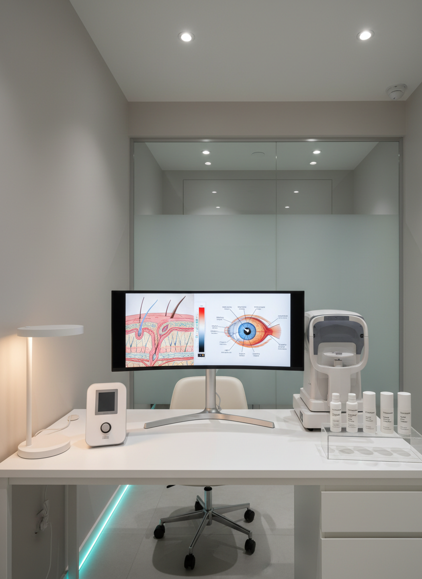 A sophisticated consultation space in photographic realism designed for combined skin, laser, and eye care, centered around a streamlined white desk with a large, high-resolution medical monitor displaying a detailed cross-section of skin on one side and an anatomical eye diagram on the other. A digital dermatoscope and a sleek, white autorefractor are neatly placed on the desk, with labeled sample skincare bottles arranged in a minimalist acrylic stand. The room has pale gray walls, a frosted glass partition, and a subtle teal accent strip running along the baseboard. Soft, neutral ceiling lights provide even illumination, with a warm desk lamp adding a touch of comfort. Shot from a slightly elevated angle, with sharp focus and balanced composition, the mood is calm, professional, and highly organized.